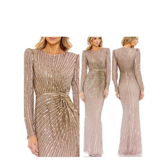 NWT Mac Duggal Formal 5641 Sequin Beaded Gown Mocha 16 Puff Sleeve MSRP $598 - Picture 1 of 16